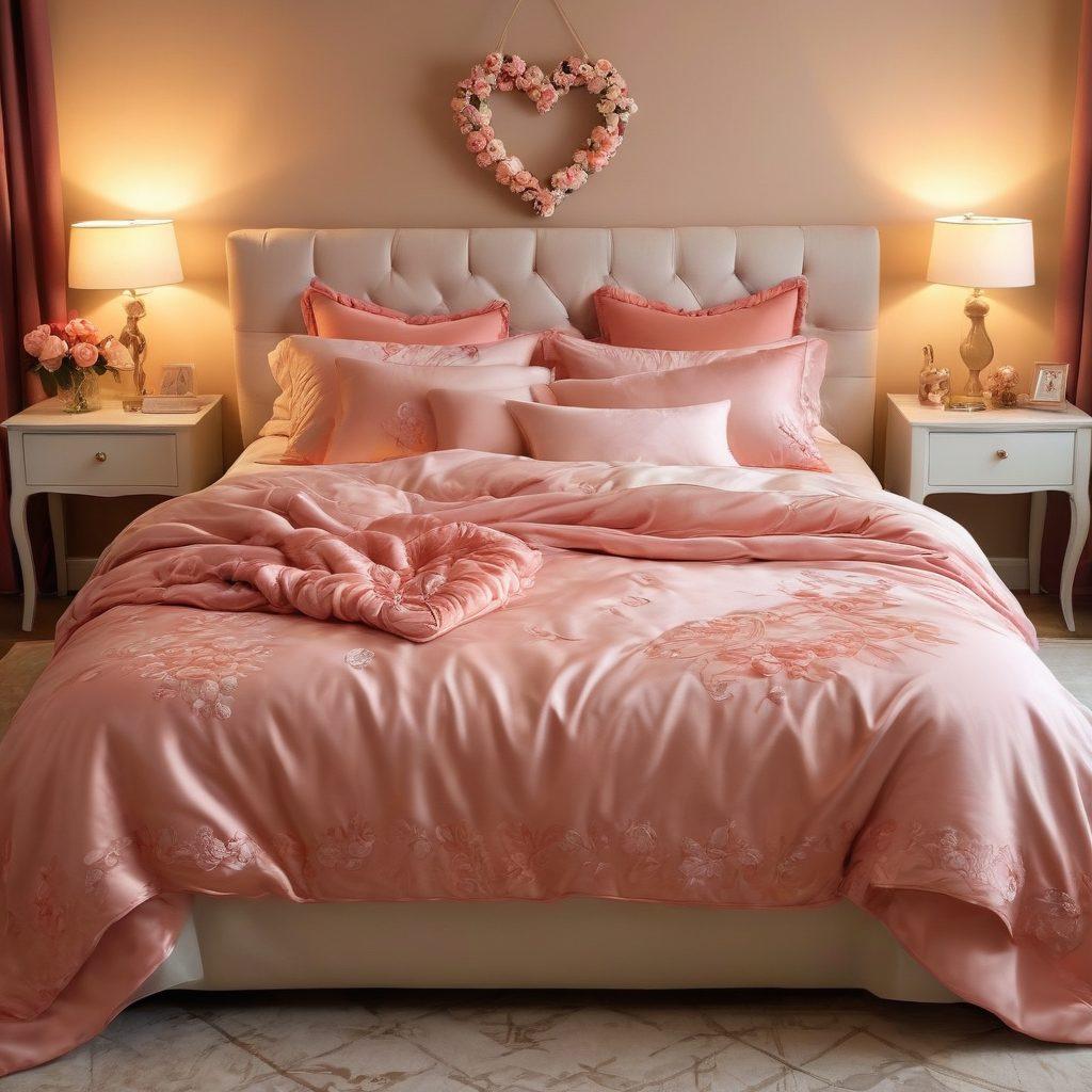 A romantic and inviting bedroom scene, featuring an array of elegant adult toys artfully displayed on a soft, luxurious bedspread. Subtle, warm lighting creates an intimate atmosphere, while a pair of intertwined hands suggest connection and passion. Include a tasteful heart-shaped decoration in the background to symbolize love. Elegant floral accents add a touch of romance. super-realistic. warm colors. soft focus.