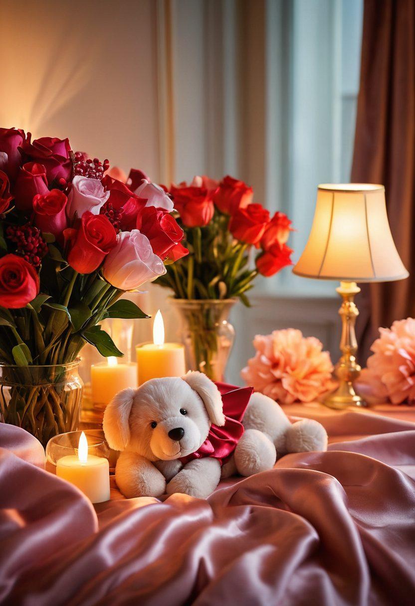 A beautifully arranged display of various elegant adult toys on a plush satin surface, surrounded by soft candlelight that exudes warmth and intimacy. Delicate flowers and silky fabrics accentuate the scene, hinting at romance and sensuality. A couple in the background sharing a joyful laugh adds a sense of connection and exploration. The overall mood is inviting and playful, encouraging curiosity and open-mindedness. super-realistic. soft lighting. vibrant colors.